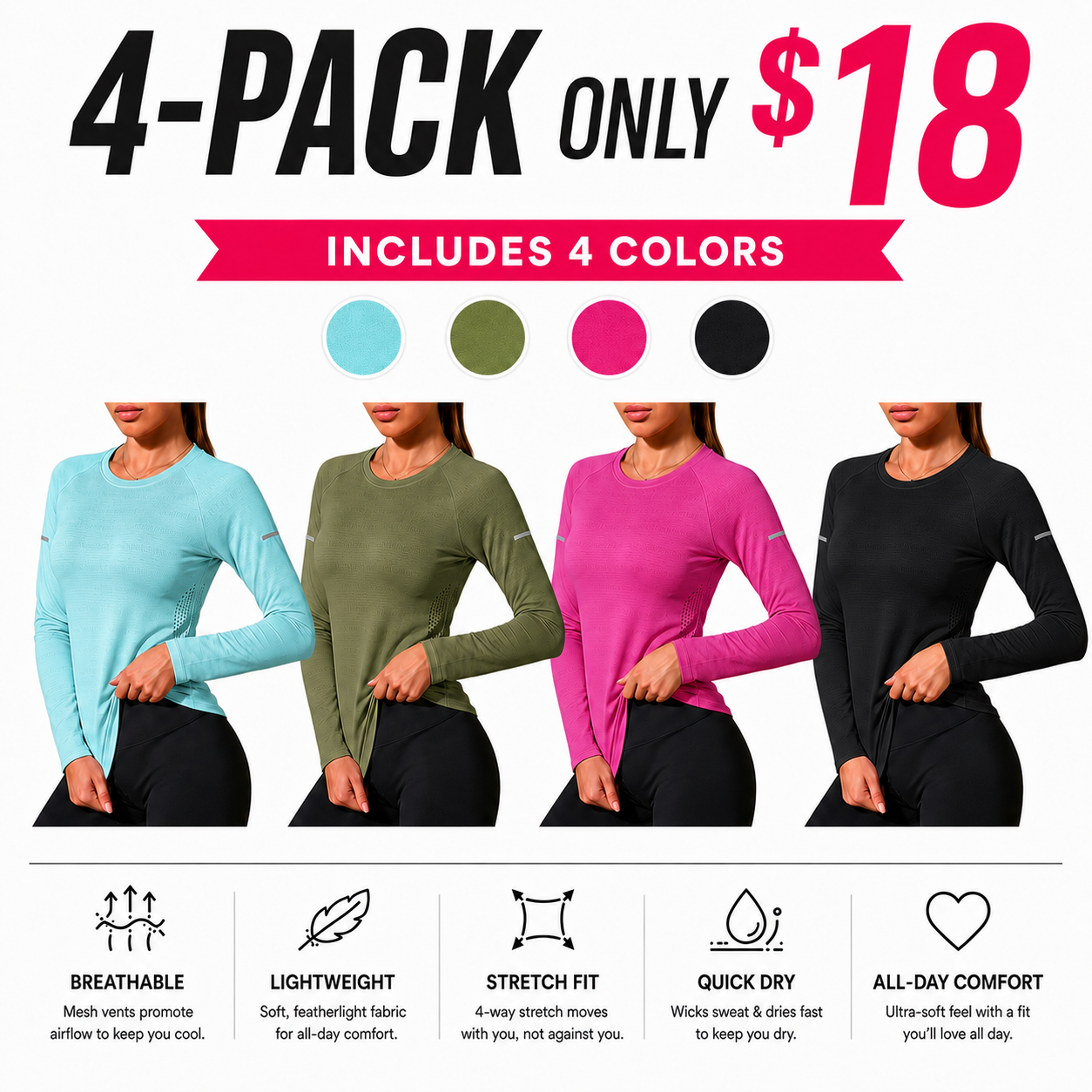 Women's Long Sleeve Stretch Crew Neck Top – Lightweight Everyday Activewear