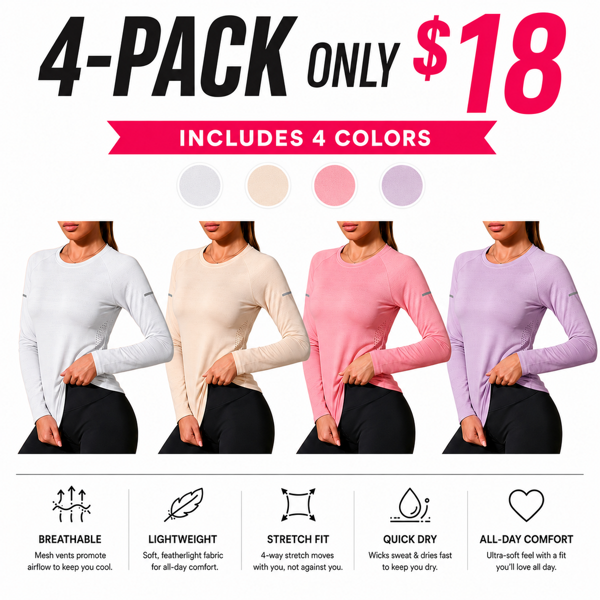 Women's Long Sleeve Stretch Crew Neck Top – Lightweight Everyday Activewear
