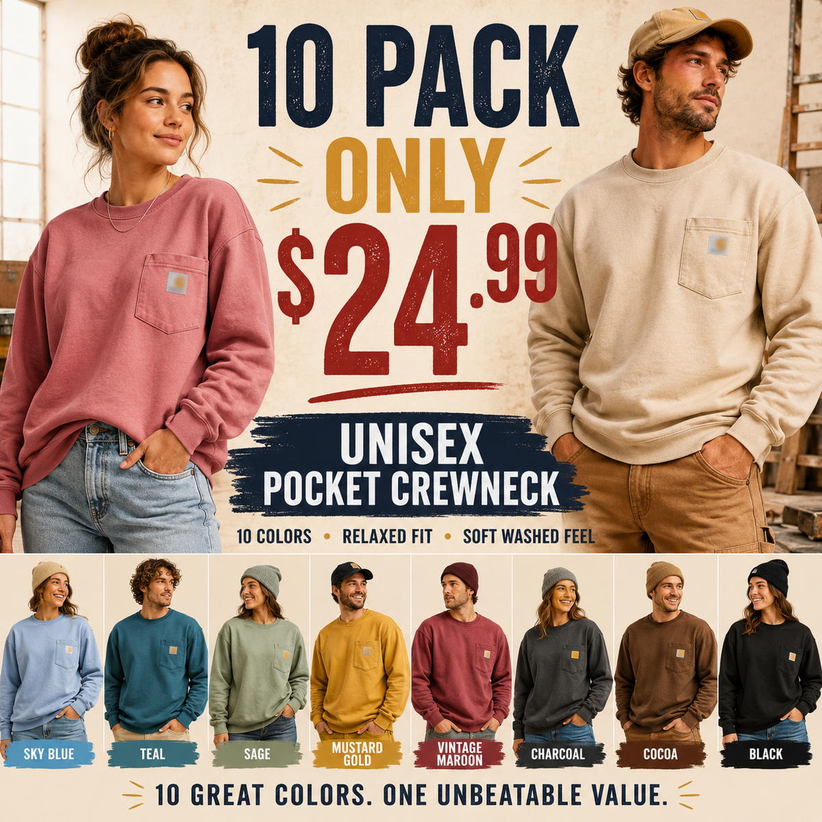 Vintage Washed Unisex Pocket Crewneck Sweatshirt