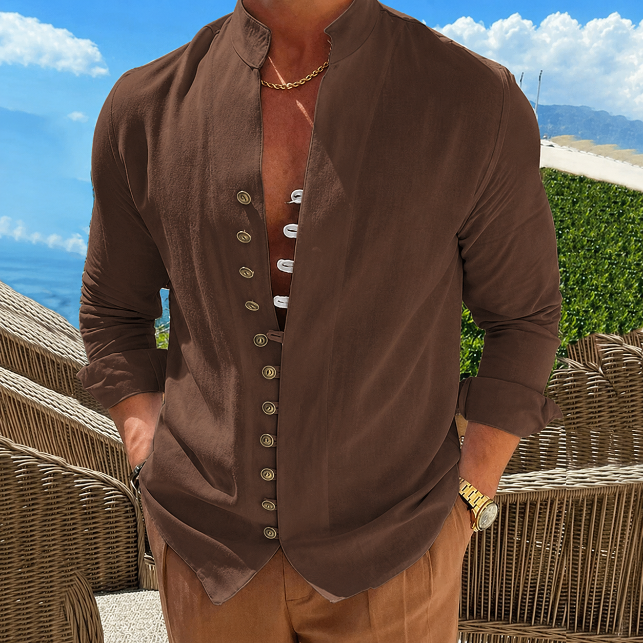 Men's Casual Stand Collar Long Sleeve Shirt