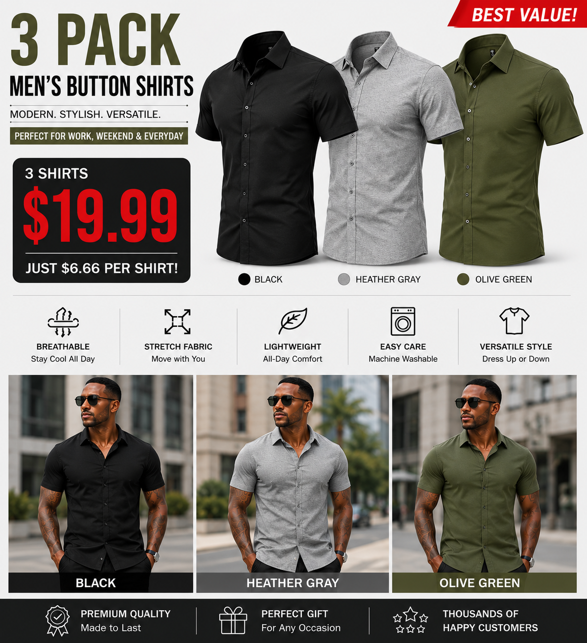Men's Stretch Short Sleeve Dress Shirt | Slim Fit Business Casual Button Down